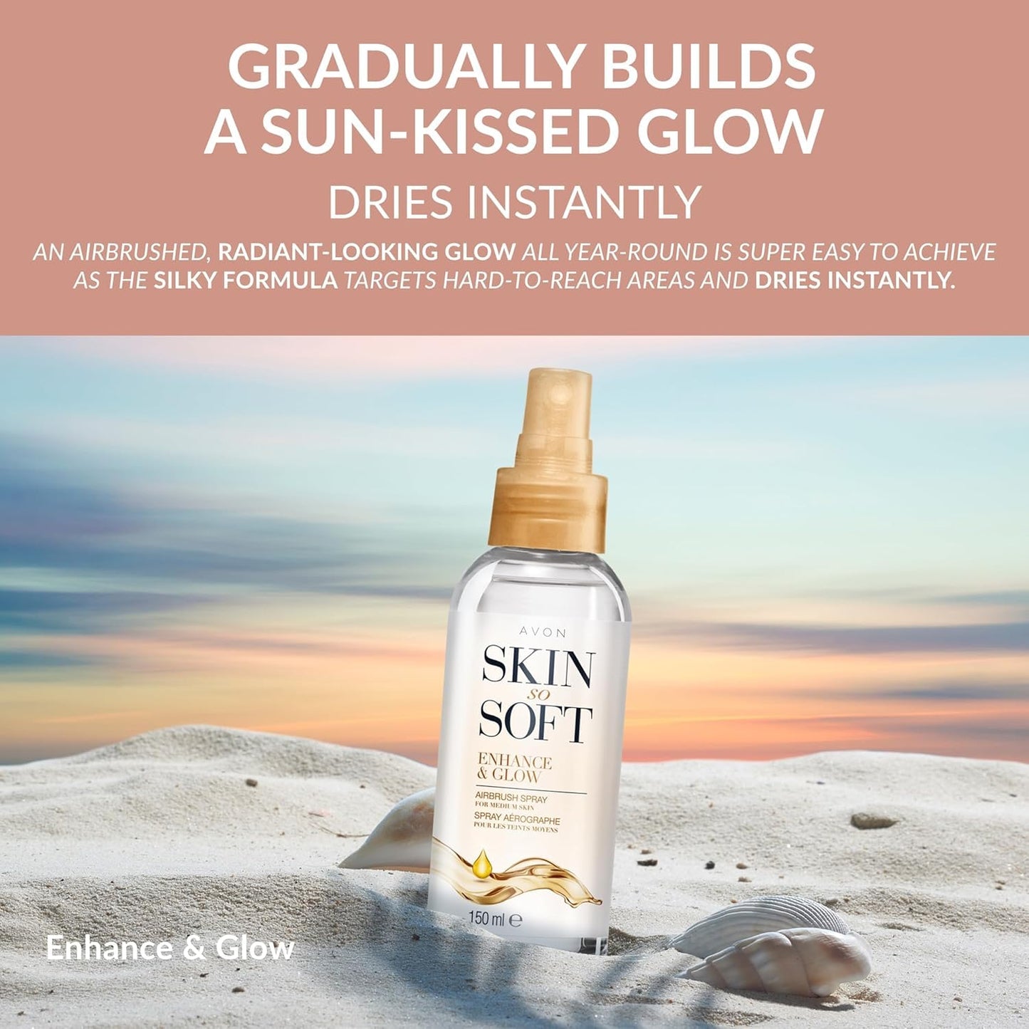 AVON SKIN SO SOFT Enhance & Glow Airbrush Tanning Spray, 150ml, Sun-Kissed Glow, Quick Drying 150 ML (2-PACK)