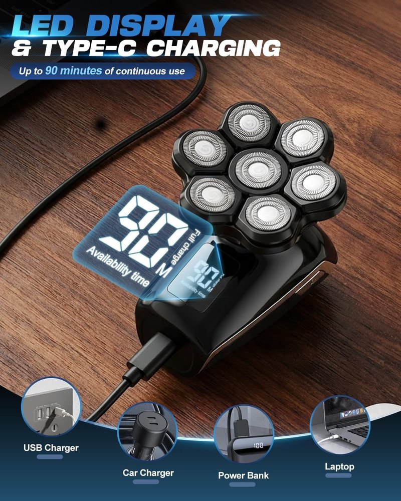 Electric Head Shaver for Bald Men - 7D Floating Blades, IPX7 Waterproof | Rechargeable & Detachable Design