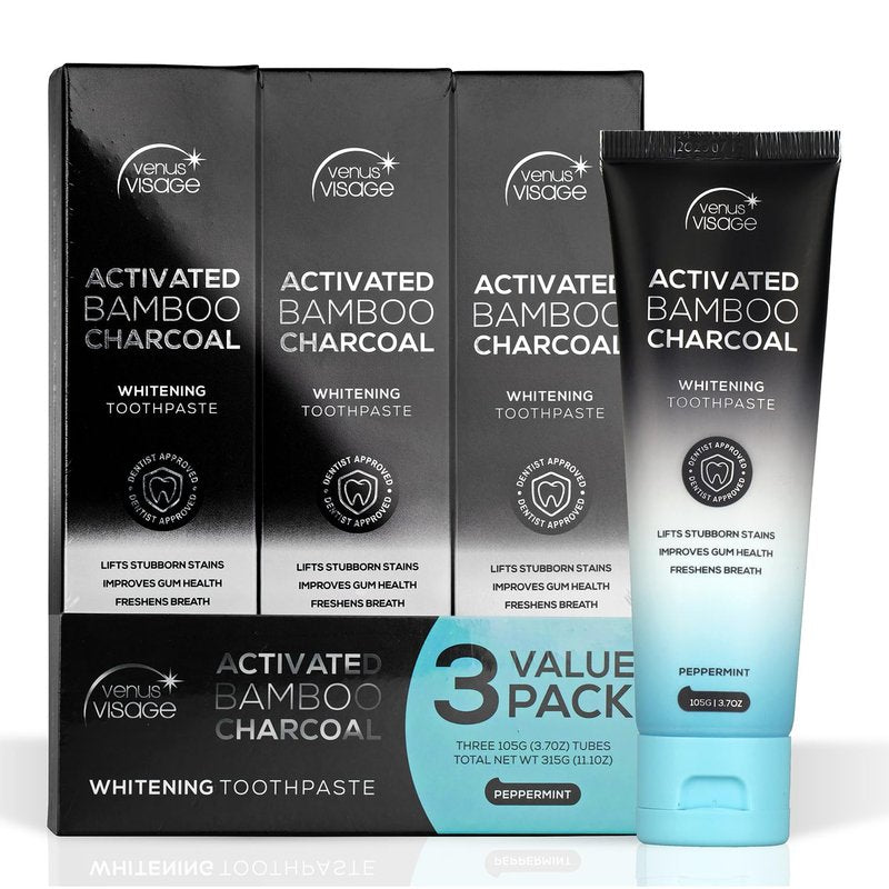 Activated Charcoal Toothpaste for Whitening | Effective Peppermint Flavor - 3 Pack (3.7 oz/105 g)