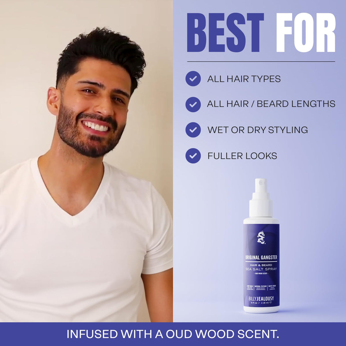Billy Jealousy Sea Salt Spray, Texturizing and Volumizing Hair Spray for All Hair Types and Beard Lengths, Oud Wood Scent, Original Gangster, 4 fl. oz.