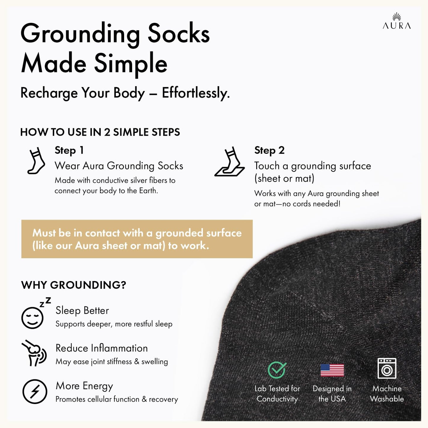 Aura™ Luxury Grounding Socks for Feet - 25% Pure Silver Grounding Socks for Women & Men - Black, Size Medium