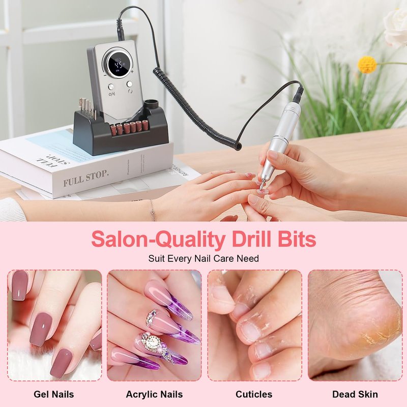 Electric 45000RPM Nail Drill Machine Rechargeable Portable Nail File Electric DIY Nail Drill Kit with Smart LCD Screen for Gel Nail Manicure and Pedicure Reflective Body etc (Grey)