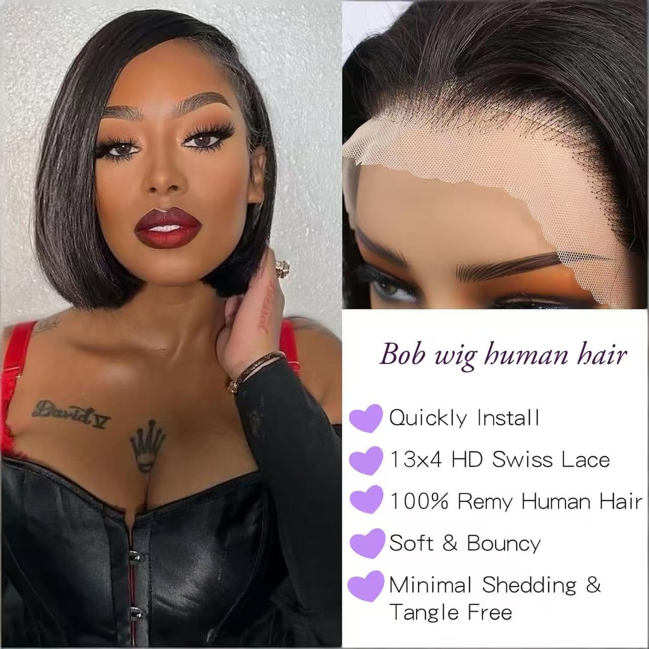 MUXFILLA 10 Inch Bob Wig Human Hair 13x4 HD Lace Front Wigs Pre Plucked Short Straight Lace Frontal for Black Women 180% Density Glueless, Nature Black
