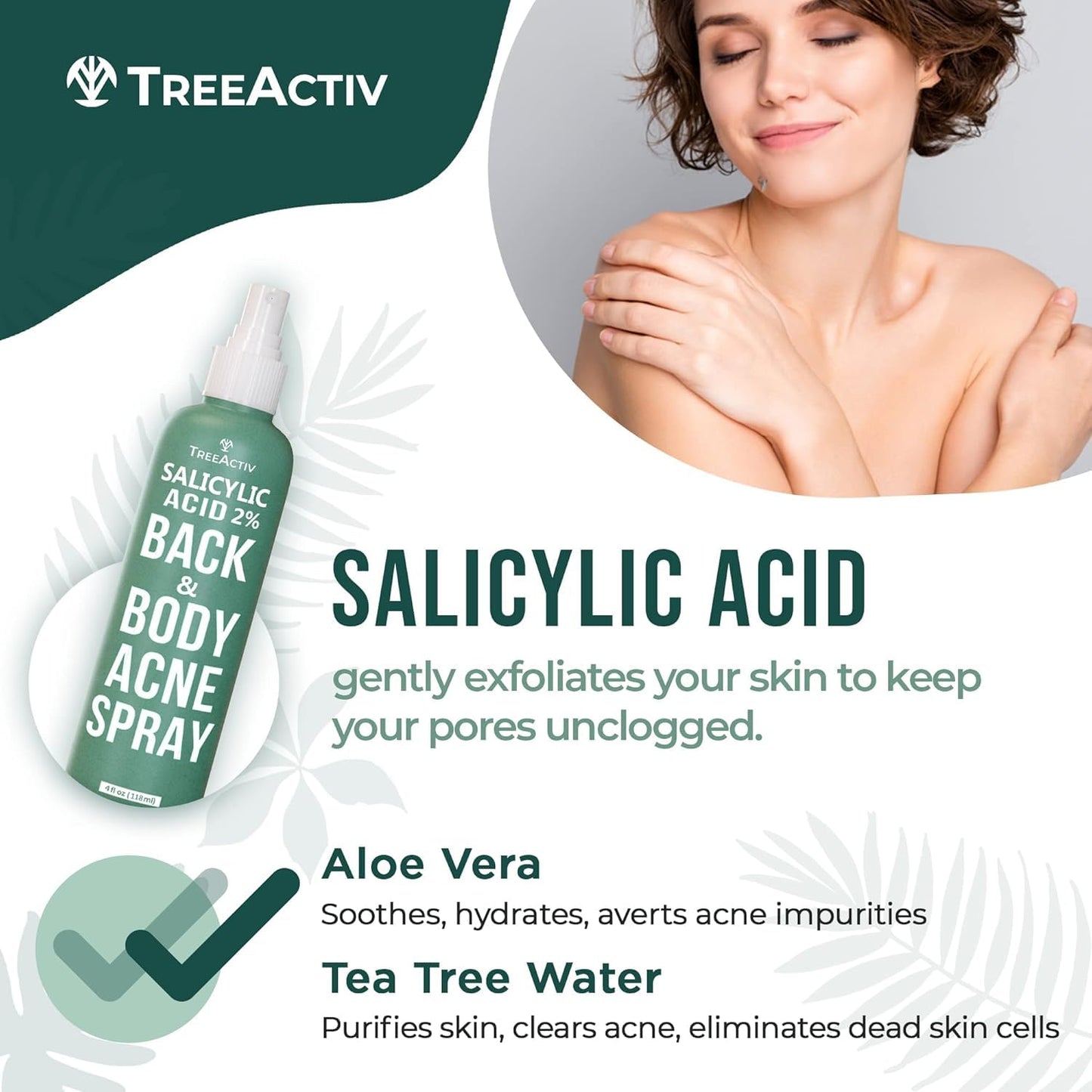 TreeActiv Salicylic Acid Back & Body Acne Spray, Fine Mist Back Spray for Bacne & Chest Acne, Tea Tree + Eucalyptus, Fast-Drying Non-Staining, 4 fl oz (2-Pack, 8 fl oz Total)