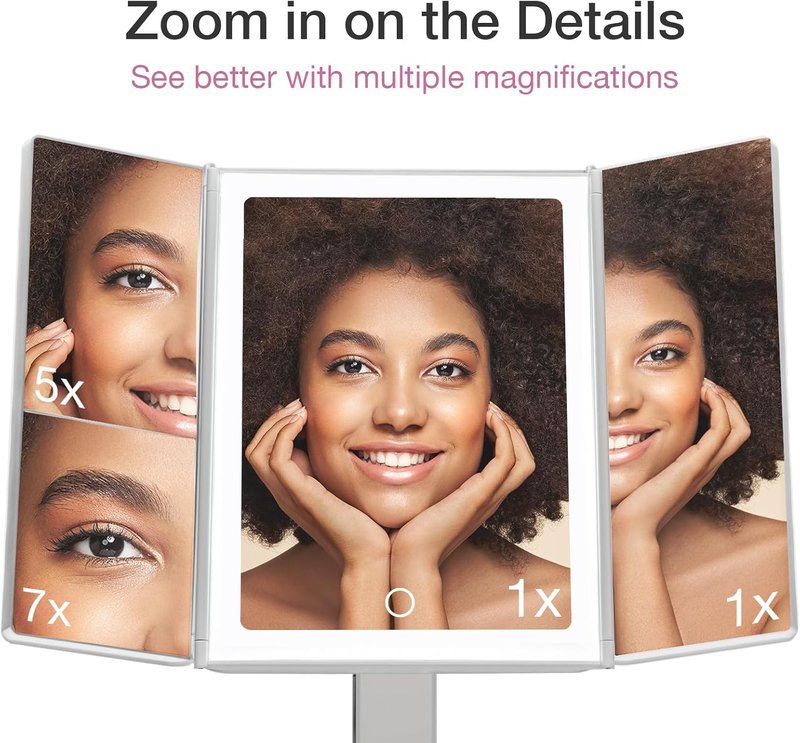 Fancii Makeup Mirror - Lighted Trifold Vanity Mirror with 5X & 7X Magnification | 40 Dimmable LED Lights, Touch Screen, White