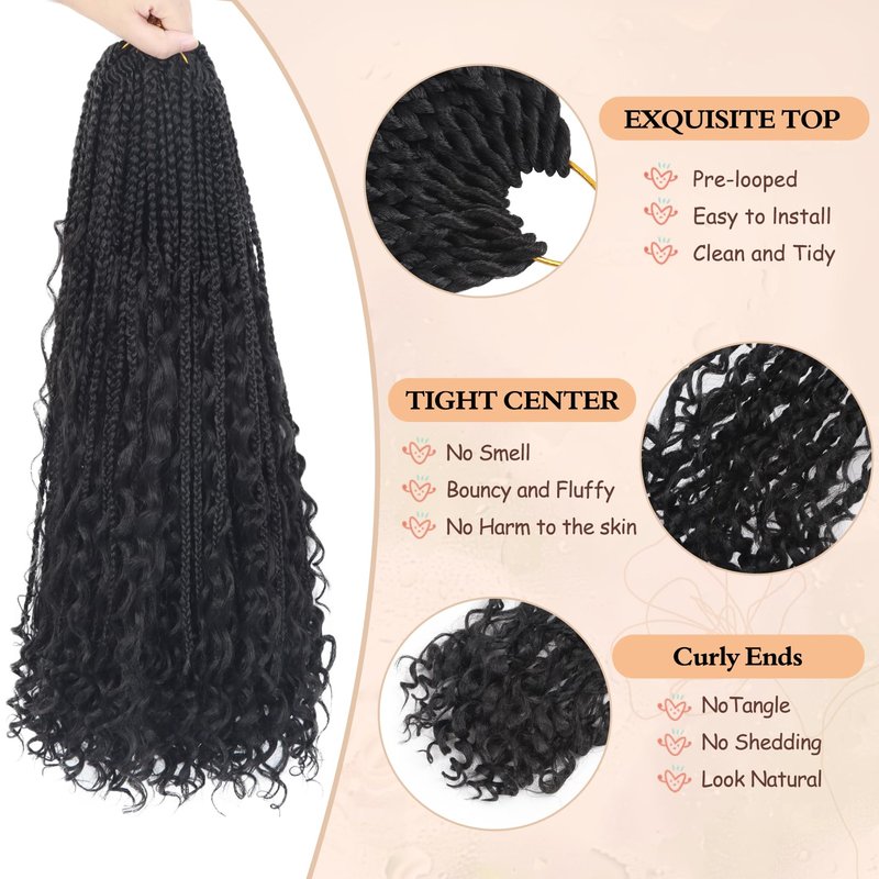 24 Inch Boho Braids Crochet Hair Pre Looped Bohemian Crochet Box Braids with Curly Ends, 8 Packs Goddess Box Crochet Braids for Black Women Long 3X Boho Crochet Braids Synthetic Braiding Hair 1B