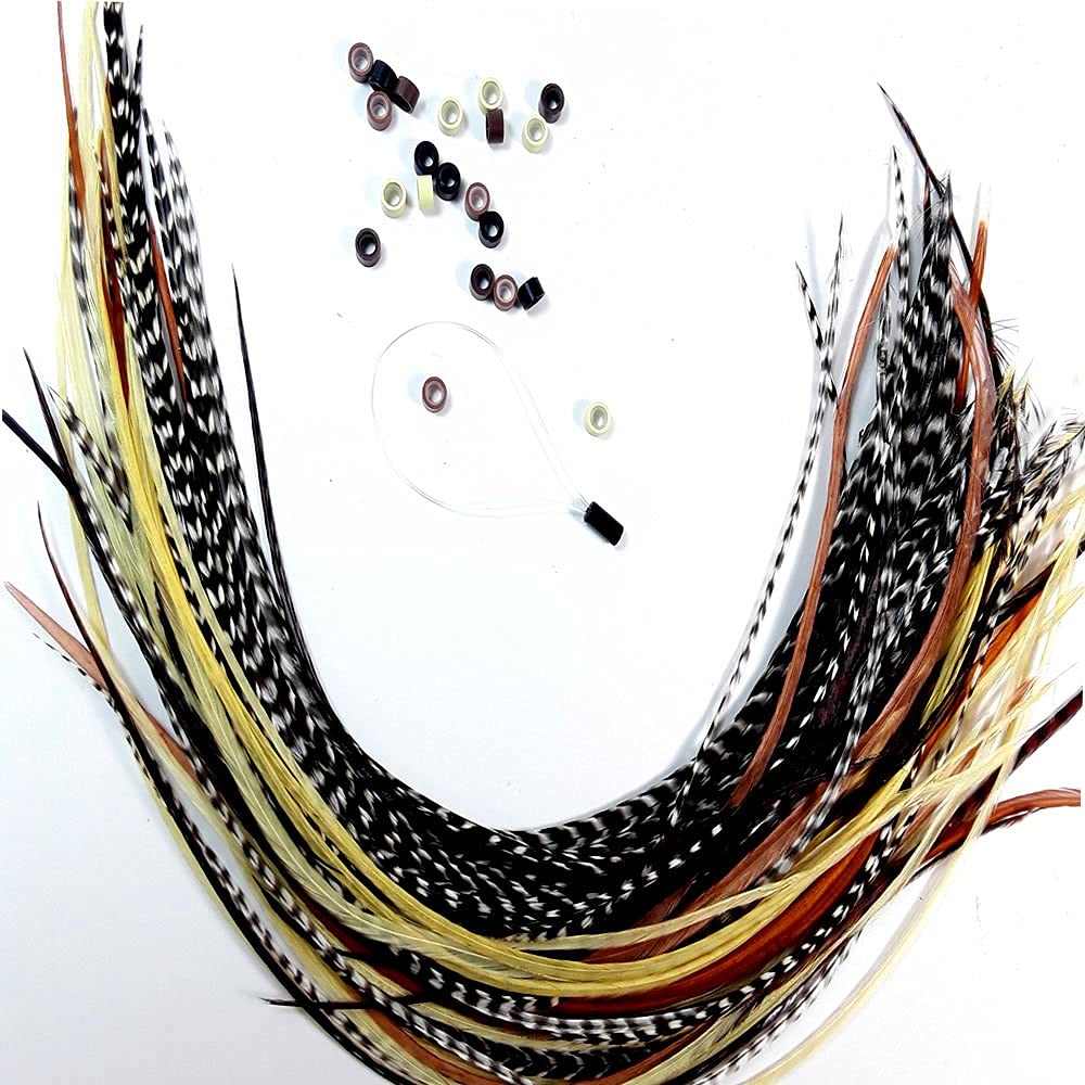 Feather Hair Extensions – 100% Real Rooster Feathers, 20 Natural Color Feathers, Ranging from 8 to 11 Inches, Includes 20 Micro Beads and Loop Tool Kit