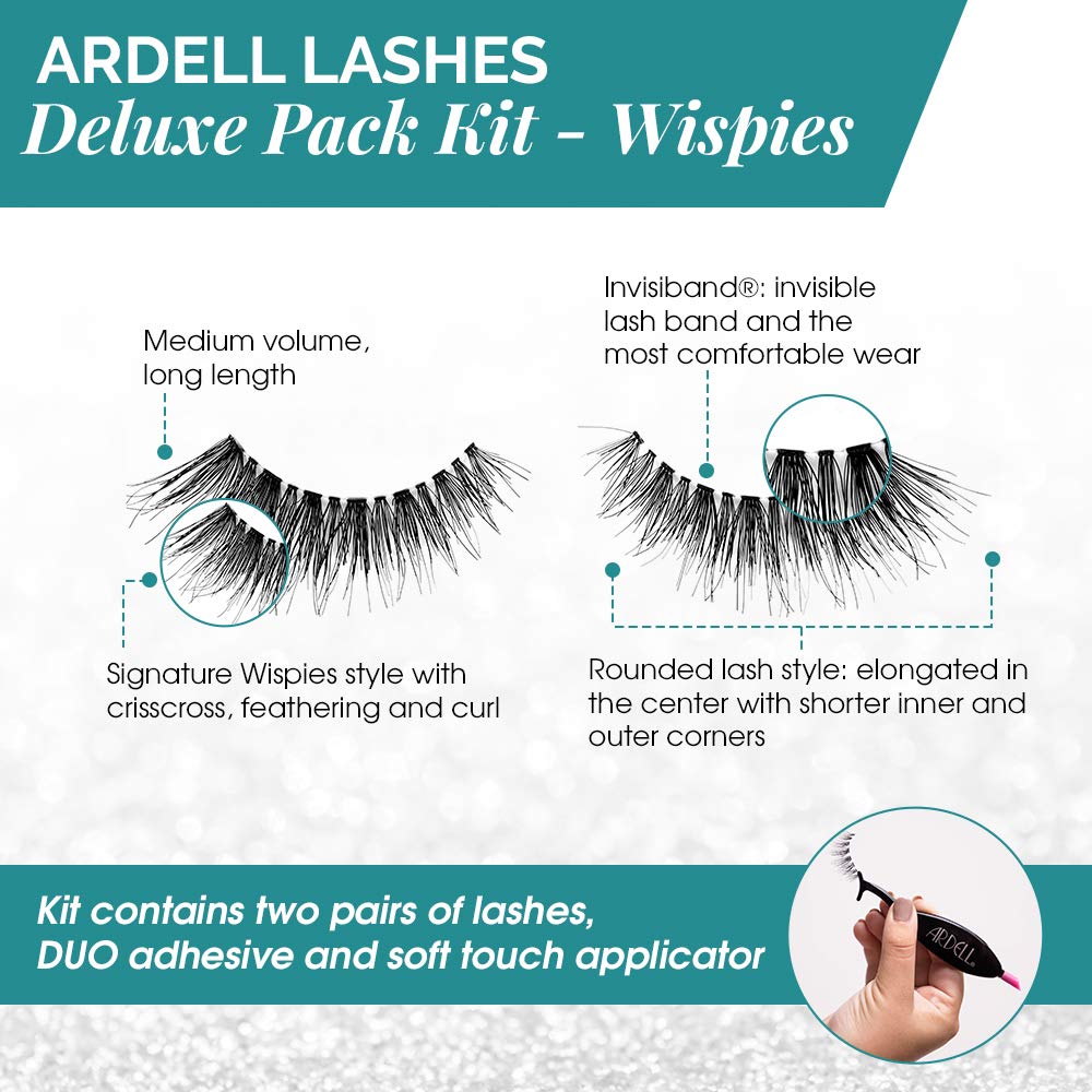 Ardell False Eyelashes Wispies Deluxe Pack - Natural Volume Lashes with Adhesive & Applicator | 4 Pack, Black