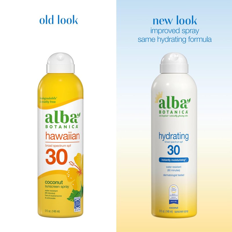 Alba Botanica Hydrating Sunscreen Spray, SPF 30 Broad Spectrum Protection, Instantly Moisturizing, Water Resistant (80 minutes), Hypoallergenic, Oxybenzone-Free, 5 Fl. Oz