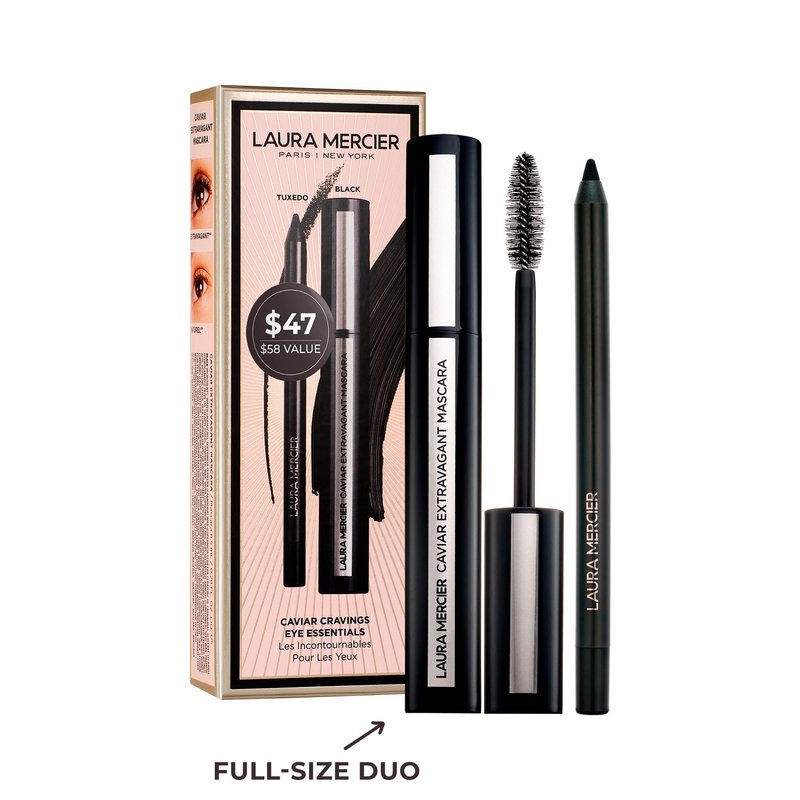 Laura Mercier Caviar Cravings Eye Essentials, Caviar Tightline Eyeliner and Extravagant Mascara: Long Lasting Color, 3X Curl and Lift, Smudge- & Transfer-Proof, Holiday Gift Set