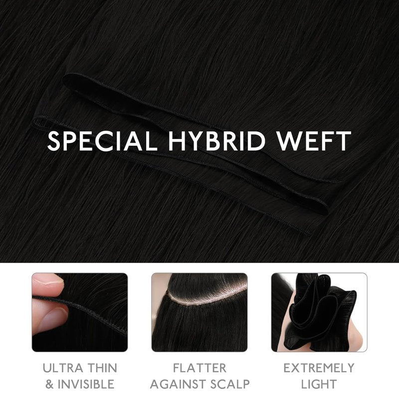 **Genius Sew-In Weft Hair Extensions - Real Human Hair, 14" Jet Black, Luxury Remy Straight**