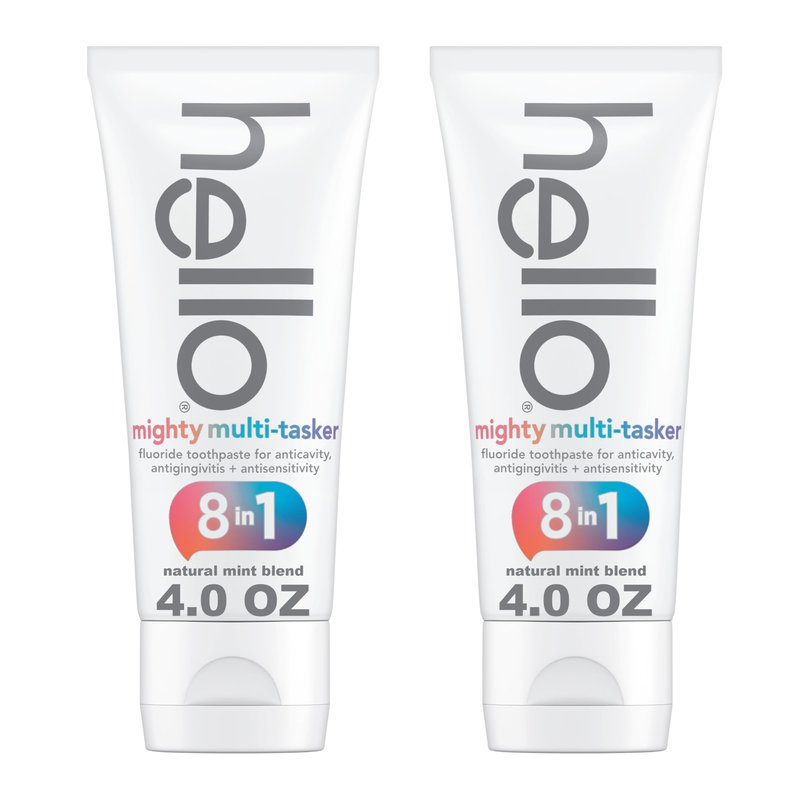 hello 8 in 1 Mighty Multi-Tasker Fluoride Toothpaste Pack, SLS Free Toothpaste with Fluoride, Antigingivitis and Antisensitivity, Natural Mint Blend, 2 Count, 4.0 oz Tubes