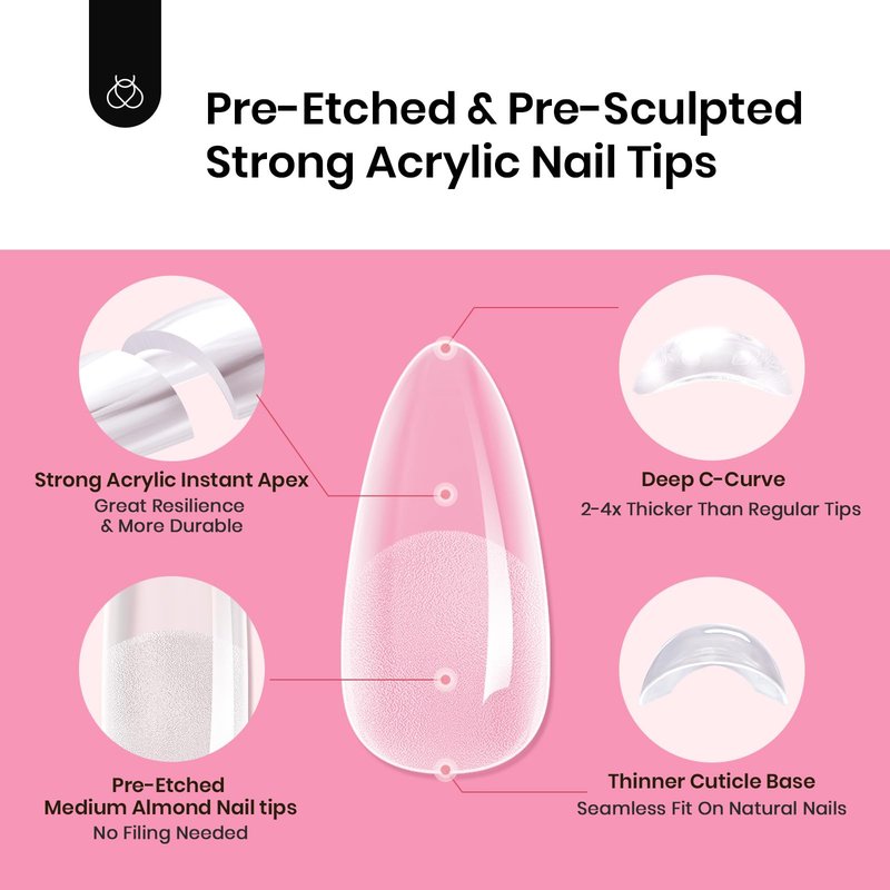 Beetles Tipex Gel Nail Kit, Medium Almond Nail Tips 224 Pcs 16 Sizes Pre-Building Pre-Etched False Nail Tips with Tipex Nail Glue, Mini Nail Lamp Thick Acrylic Nail Set