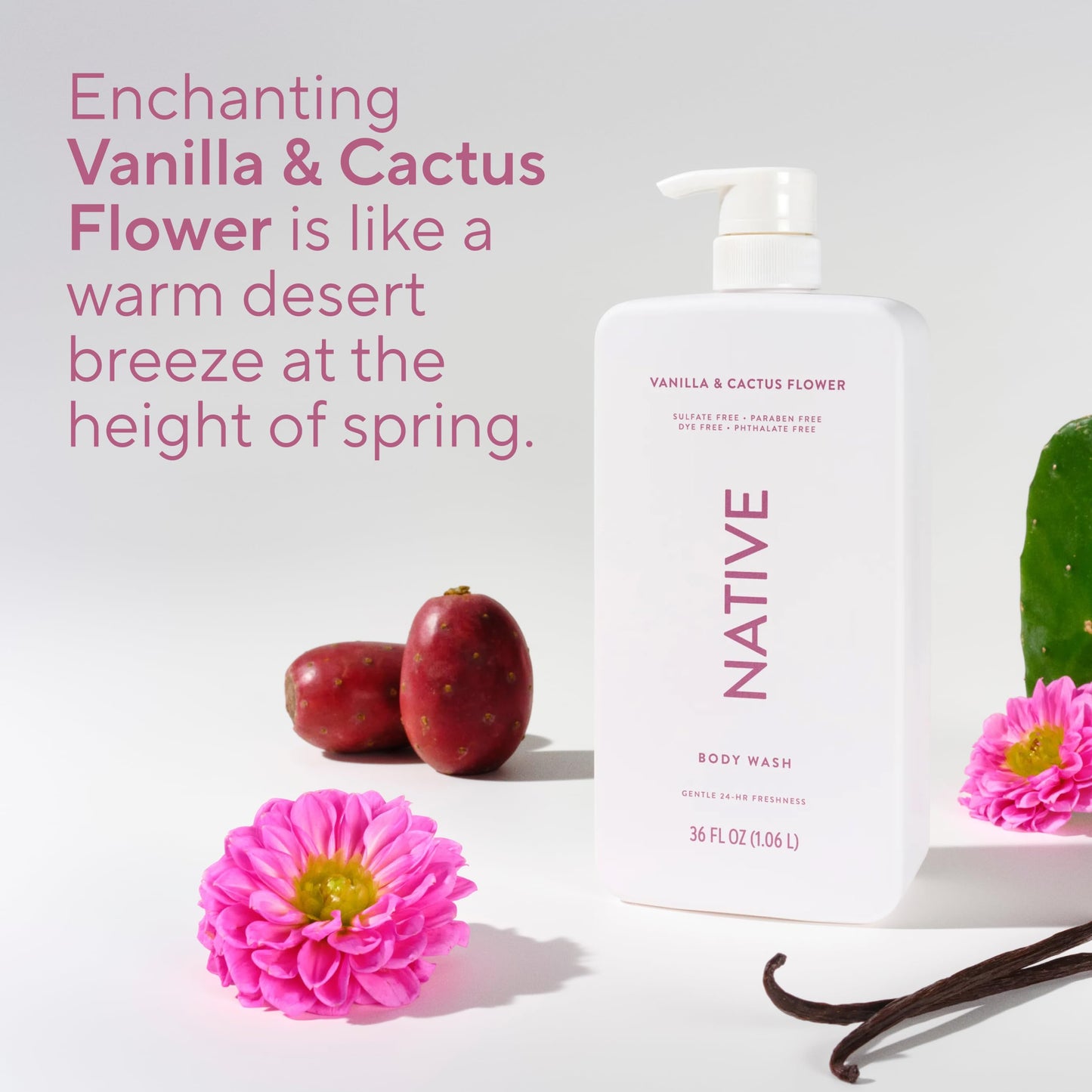 Native Body Wash for Women & Men, Vanilla & Cactus Flower, 36 oz Pump Bottle, Sulfate-Free & Gentle