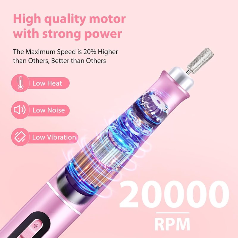Electric Nail File - 12-in-1 Cordless Nail Drill with Digital Display & 5-Speed Settings | USB Portable Efile, 20000 RPM