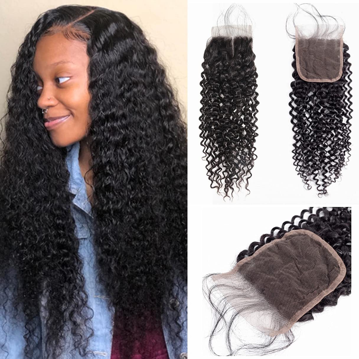 Brazilian Kinky Curly 4x4 Lace Closure 100% Unprocessed Human Virgin Hair Pre Plucked Jerry Curly Pre-Plucked Hairline Frontal Closure Natural Black With Baby Hair (14inch, curly closure)
