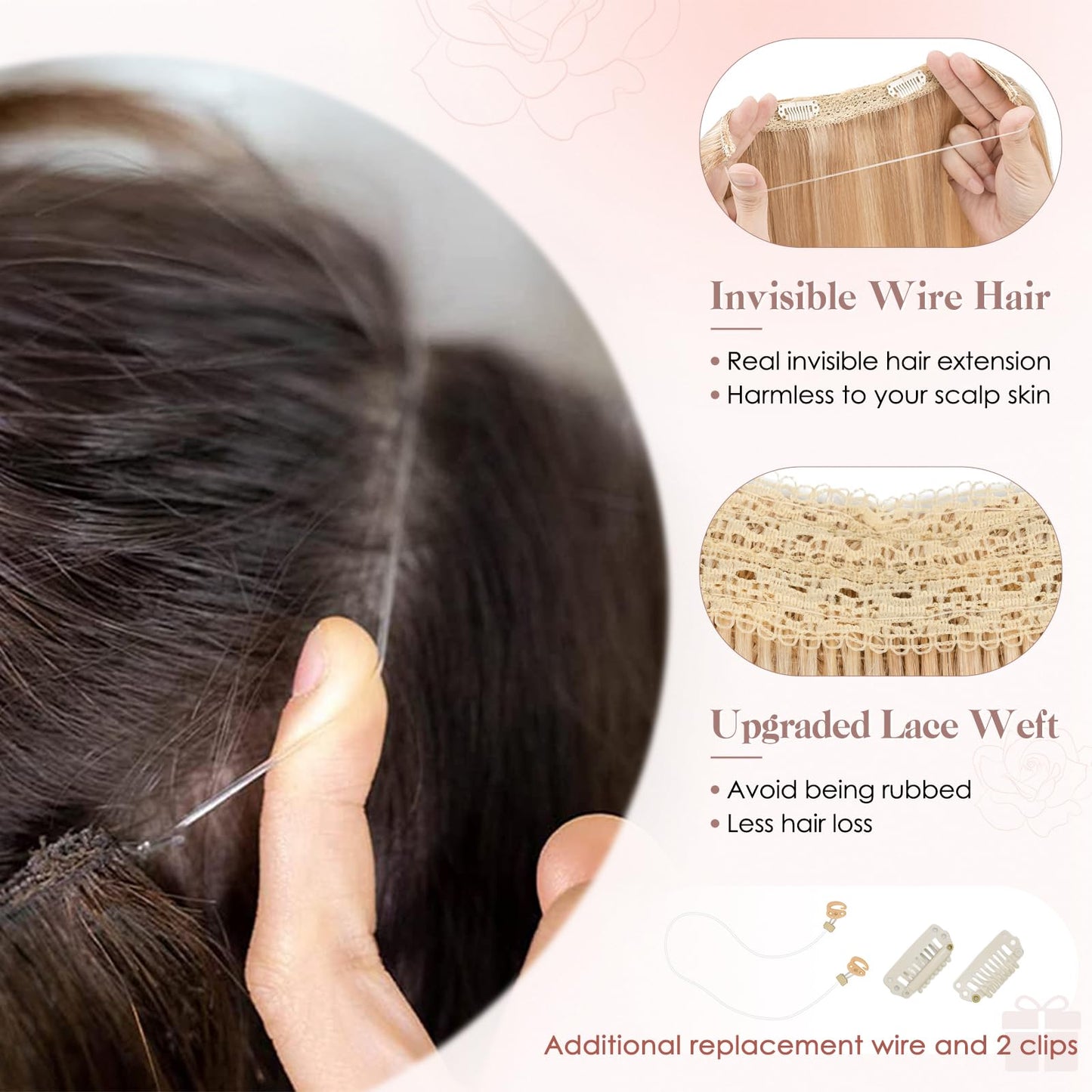 S-noilite Halo Hair Extension Invisible Wire in Real Remy Human Hair Extensions with Clips Adjustable Hidden Wire in Hair Extension for Women 14 inch Ash Brown Highlighted Blonde