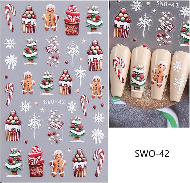 5D Embossed Christmas Nail Art Stickers - Gingerbread, Elk & Santa Designs | 8 Sheets for Holiday DIY Manicure