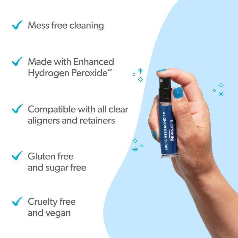 EverSmile AlignerFresh Cleaning Spray for Invisalign and All Clear Aligners and Retainers – On-the-Go Cleaning & Teeth Whitening, Kills Bacteria, Fights Bad Breath – Mint Flavor, 10ml (6 Pack)