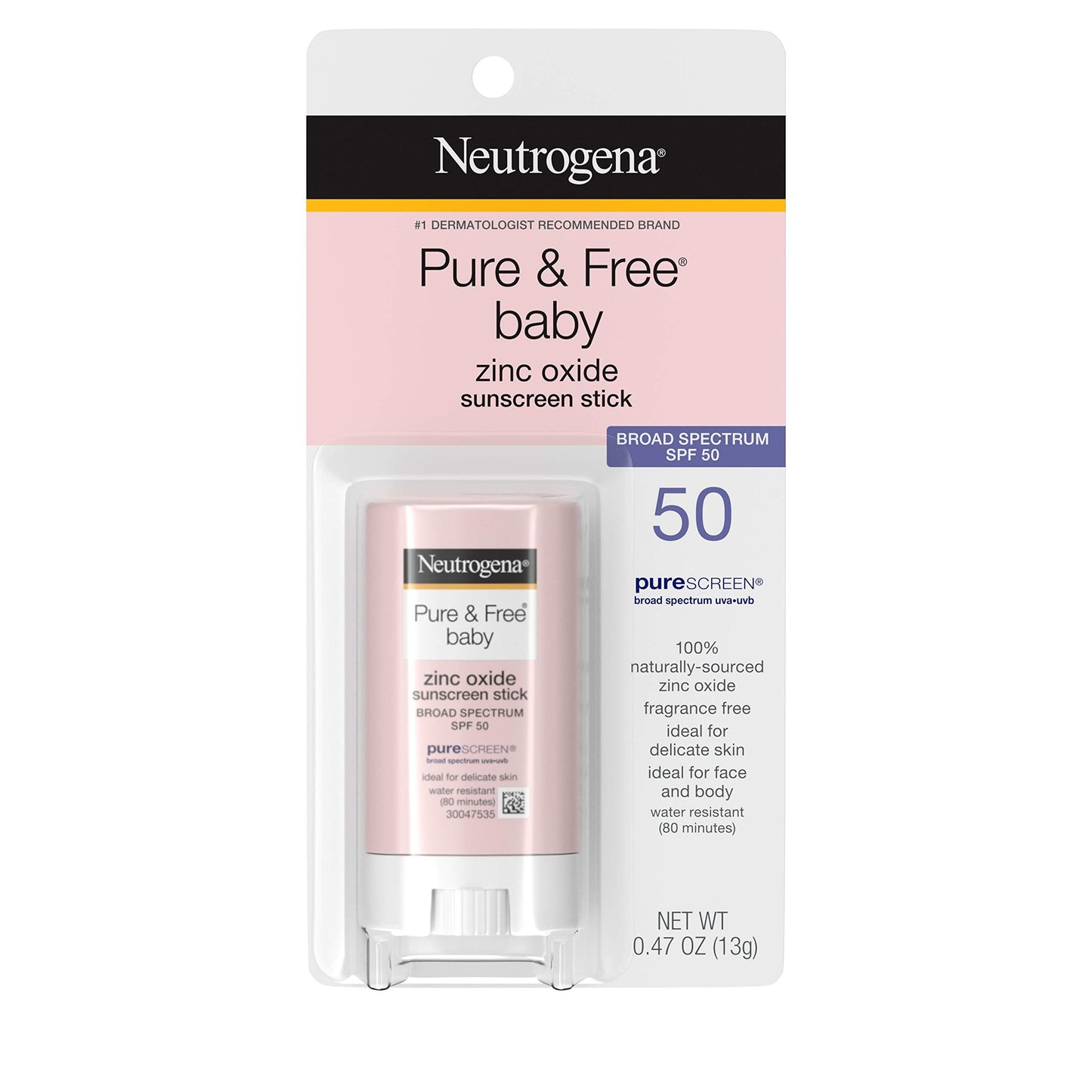 Neutrogena Pure & Free Baby Mineral Sunscreen Stick with Broad Spectrum SPF 50 & Zinc Oxide, Water-Resistant, Hypoallergenic, Paraben-, Dye- & PABA-Free Baby Face & Body Sunscreen, 0.47 oz (Pack of 2)