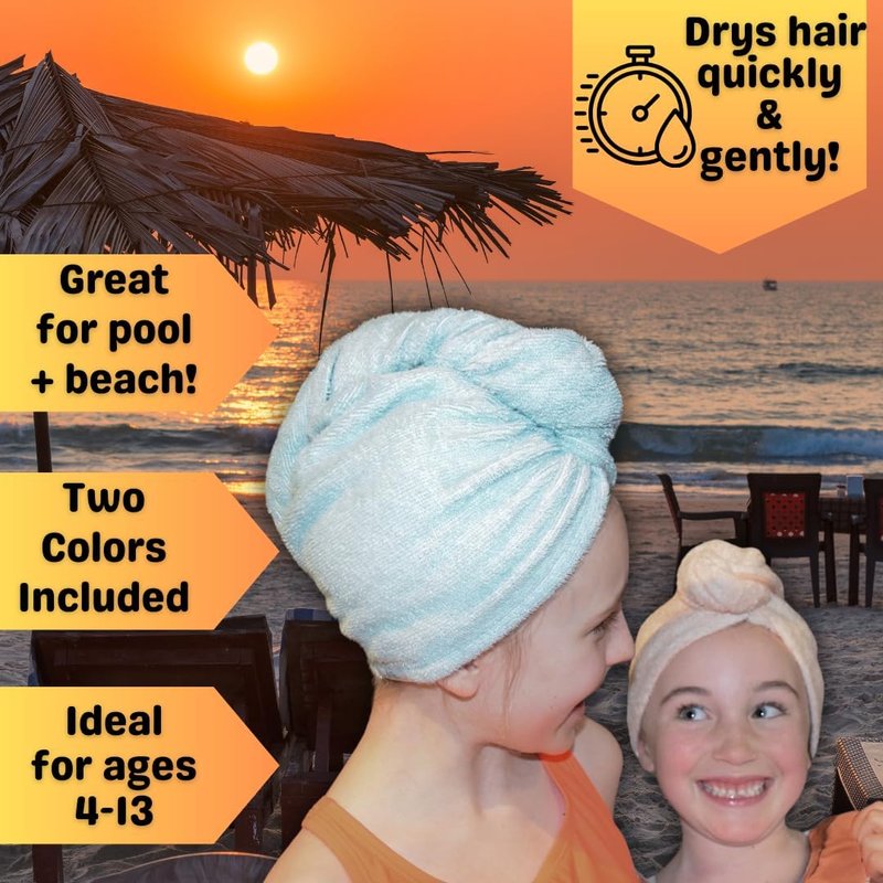 Hair Towel Wrap for Kids - 100% Bamboo Viscose | Essential Drying Wrap | Set of 2 - Seafoam Blue & Seashell Blush Pink
