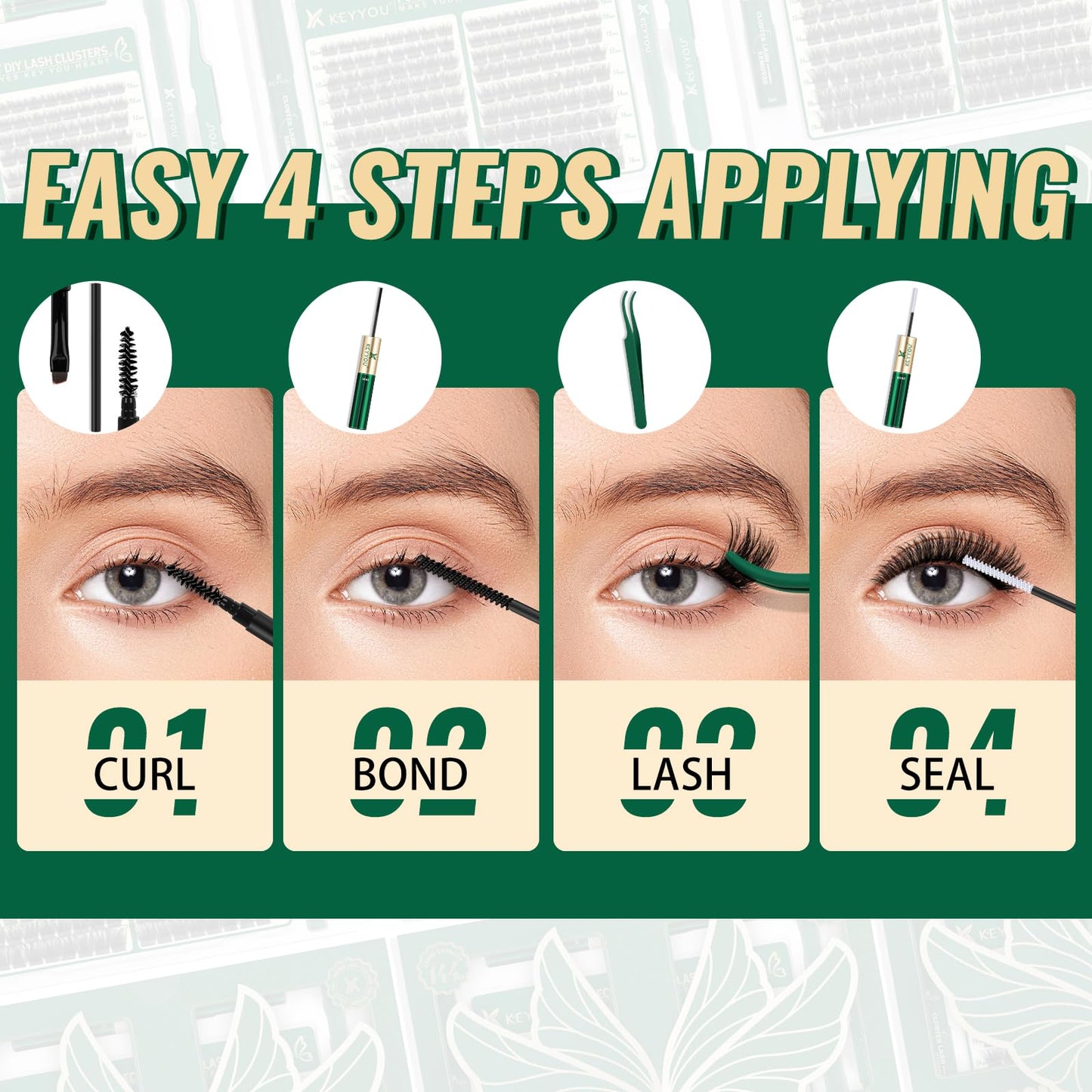KEYYOU Lash Extension Kit 144pcs Thick Super Soft Lash Clusters,10-18mm D Curl Individual Lashes Kit with Bond and Seal Applicator and Brush Remover Easy to DIY at Home（PC03Kit-D-10-18MIX）