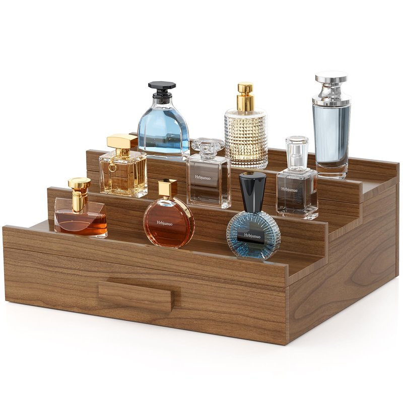 Hrbjunuo Solid Walnut Cologne Organizer for Men, 3 Tier Cologne Stand, Wooden Cologne Holder Display Shelf with Drawer Storage and Hidden Compartment, Perfume Stand Organizer, Gift for Men Dad Husband