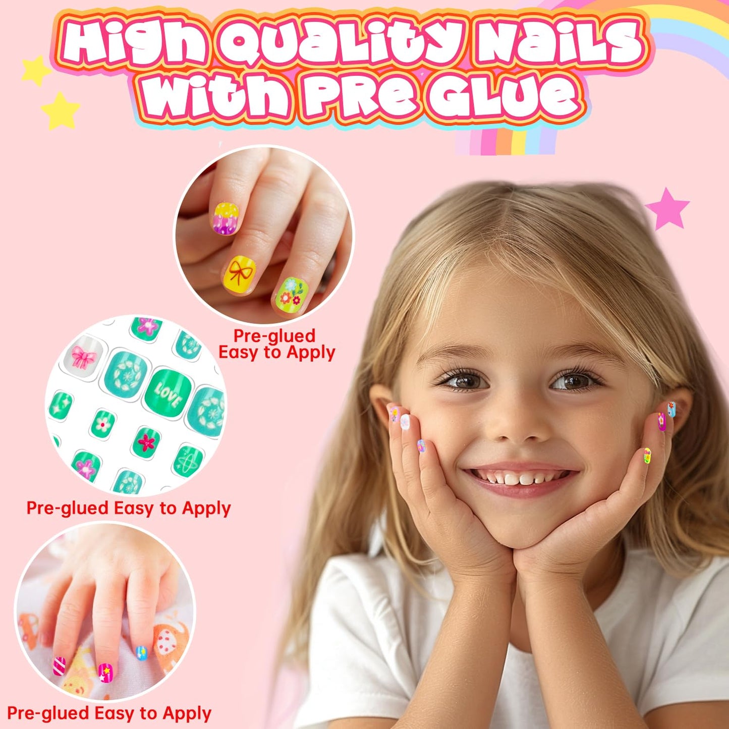 Kids Press-On Nails - 144 Pieces Full Cover Short Acrylic Nail Art Kits for Girls | Cute Patterns
