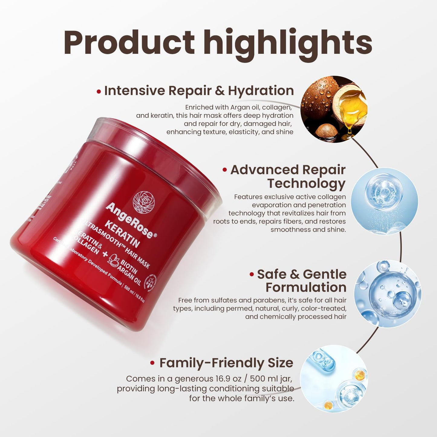 AngeRose Keratin Hair Mask with Collagen & Argan Oil – Deep Conditioner Treatment for Dry Damaged Hair Repair – Hydrating & Strengthening Cream for Color Treated 16.9 Oz (500ml)