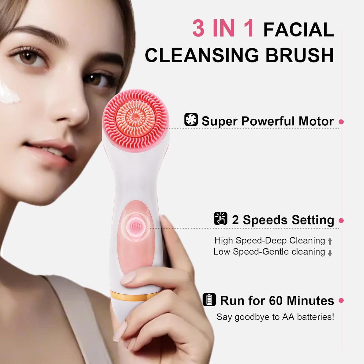 Electric Facial Cleansing Brush - 3-in-1 Waterproof Scrubber with 3 Brush Heads for All Skin Types | Rechargeable Pink