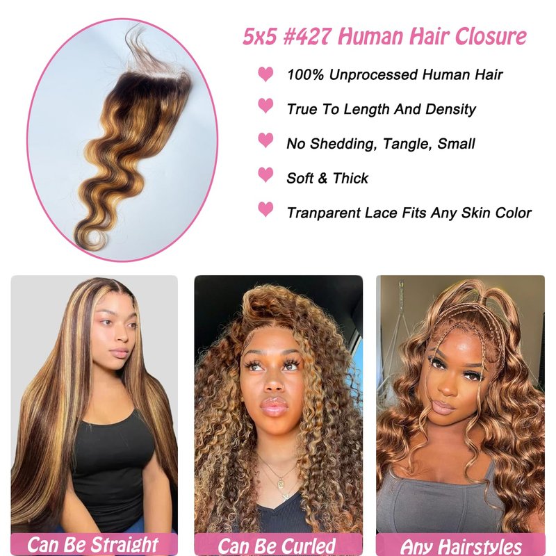4/27 5x5 Hd Lace Closure 12 Inch Brazilian Virgin Human Hair Closure Bleached Konts Transparent Lace Pre Plucked With Baby Hair Natural Hairline Free Part For Women (P427 12 Inch)