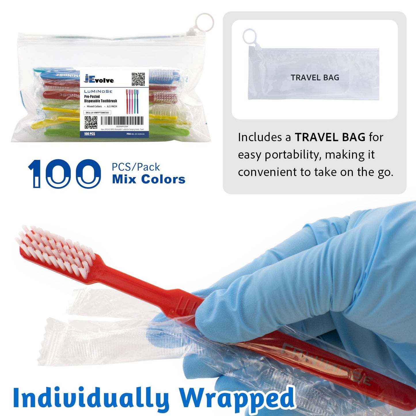 JEVOLVE 200 Pcs Disposable Pre-Pasted Toothbrushes | Individually Wrapped Pre Pasted Toothbrush | Single Use Waterless Tooth Brush for Hotel, Camping, Homeless Gift | Multi Color