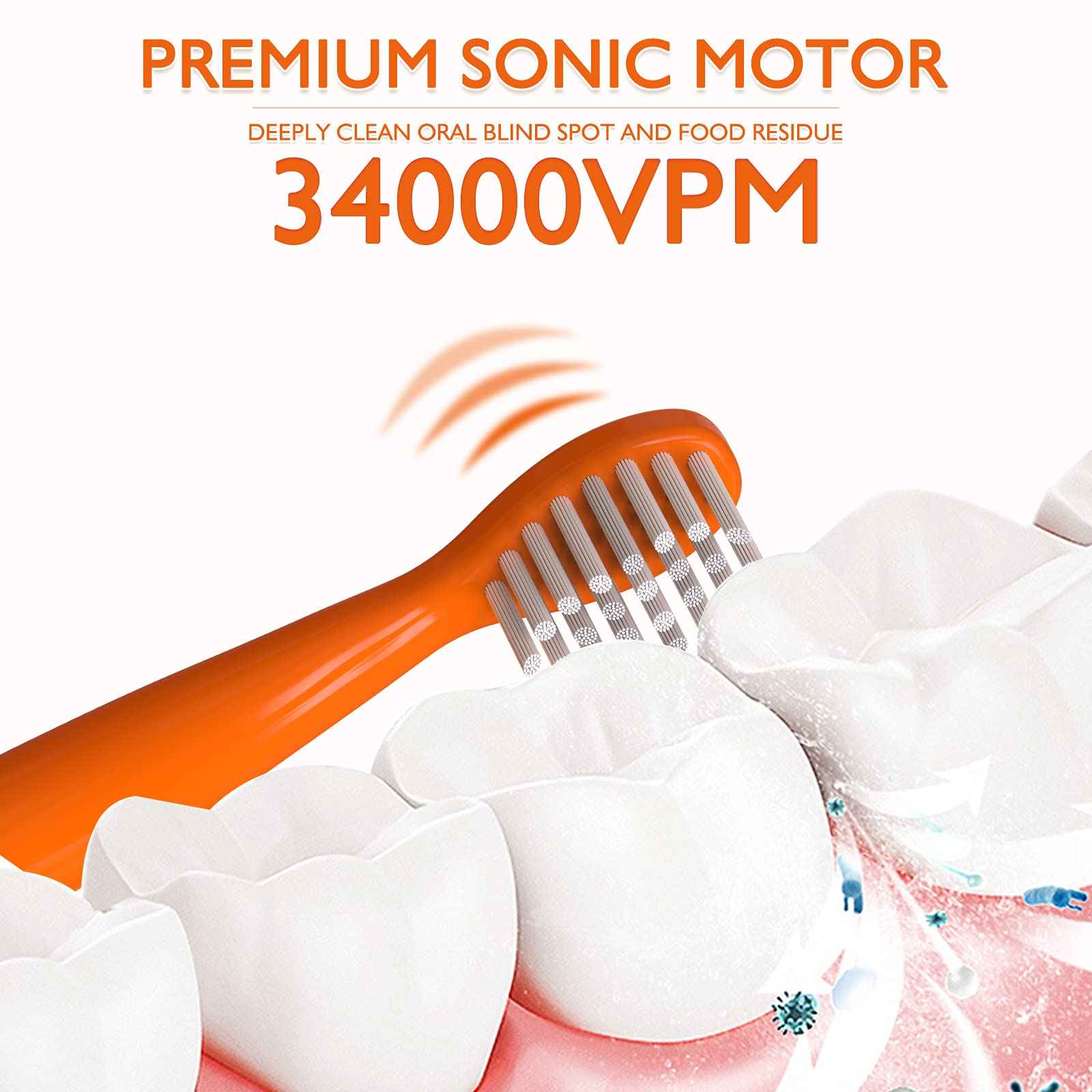 Kids Sonic Electric Toothbrush, Rechargeable Smart Toothbrush for Children Toothbrush for Toddlers Age 3-12 with 30s Reminder, 2 Mins Timer, 6 Modes, 2 Brush Heads (8660 Orange+ 6 Heads+ Holder)