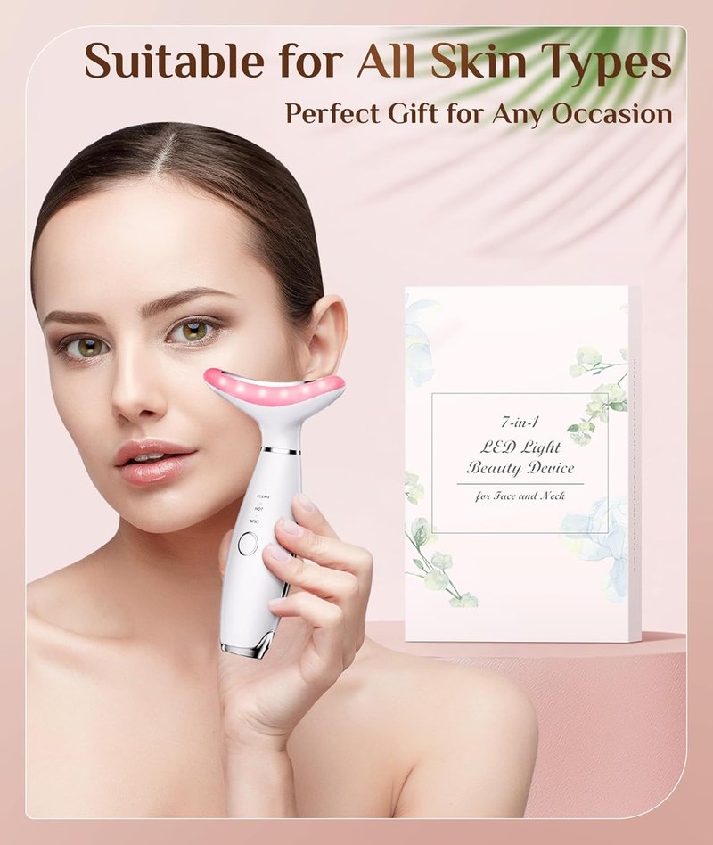 Galvanic Facial Machine - 7 Color Red Light Therapy Tool for Wrinkles & Double Chin | Vibrating Massager, White