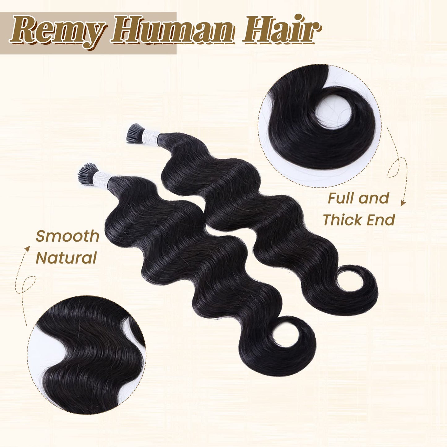 Remy I Tip Hair Extensions Human Hair for Black Women, Natural Black Body Wave Hair Extensions 18inch Cold Fusion Stick Tip Extension 2-3 Pack Full Ends 50G/50S