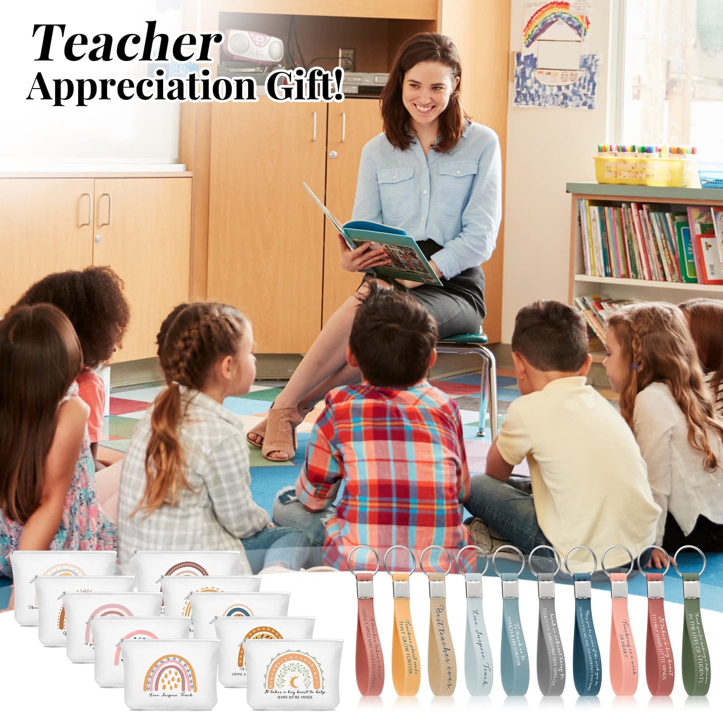 Hillban 60 Pcs Teacher Appreciation Gifts Bulk for Women 30 Rainbow Canvas Makeup Bags 30 Motivational Quotes Keychains Thank You Classroom Gift for Teachers Day Coworker Employee