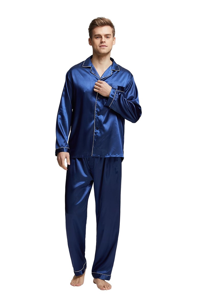 TONY & CANDICE Men's Classic Satin Pajama Set Sleepwear (Large, Blue with White Piping)
