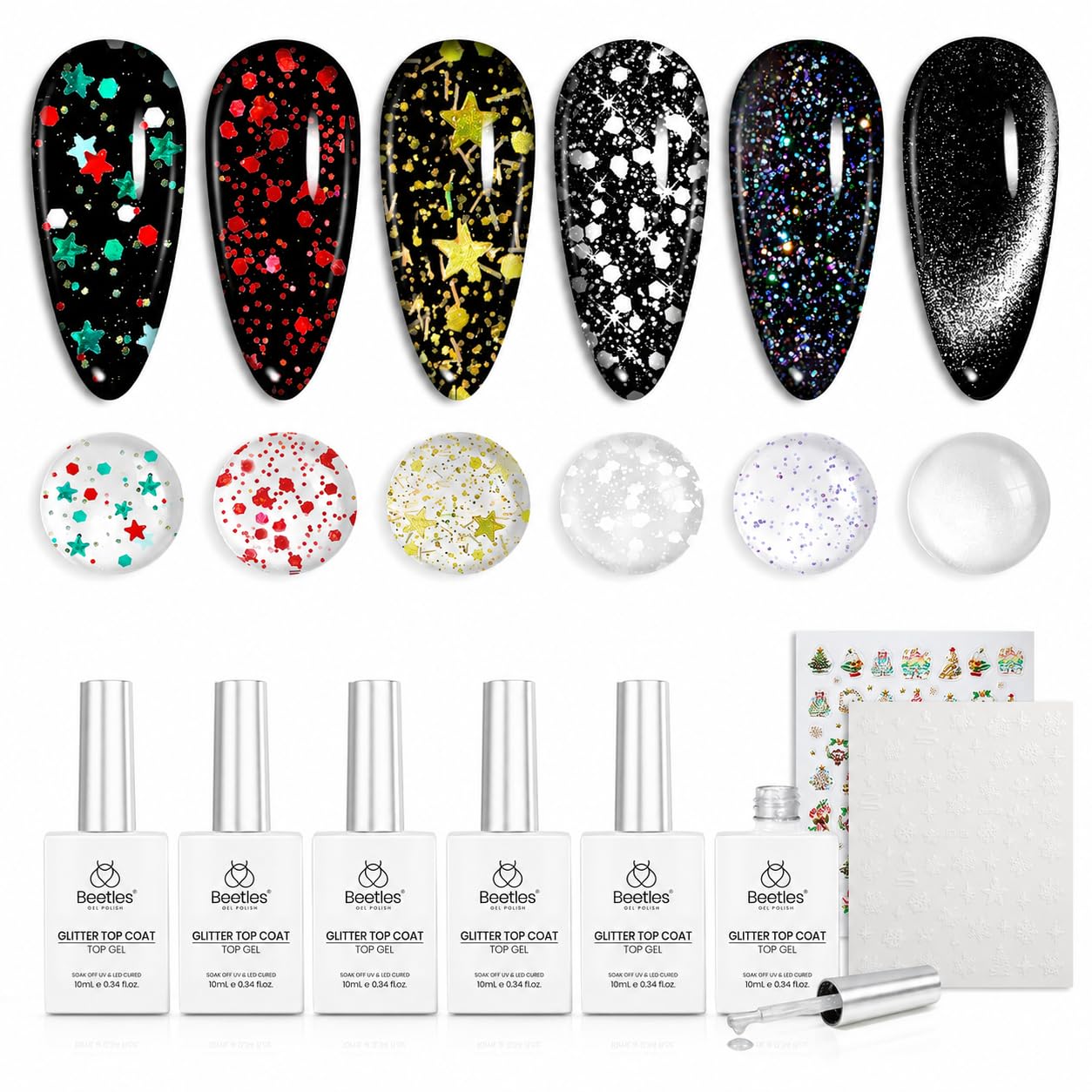 Beetles Glitter Gel Top Coat Set, 6Pcs 10ml Sparkle Glitter Cat Eye Top Coat Gel Nail Polish No Wipe Long Lasting Soak Off U V LED Manicure Salon DIY Gifts for Women