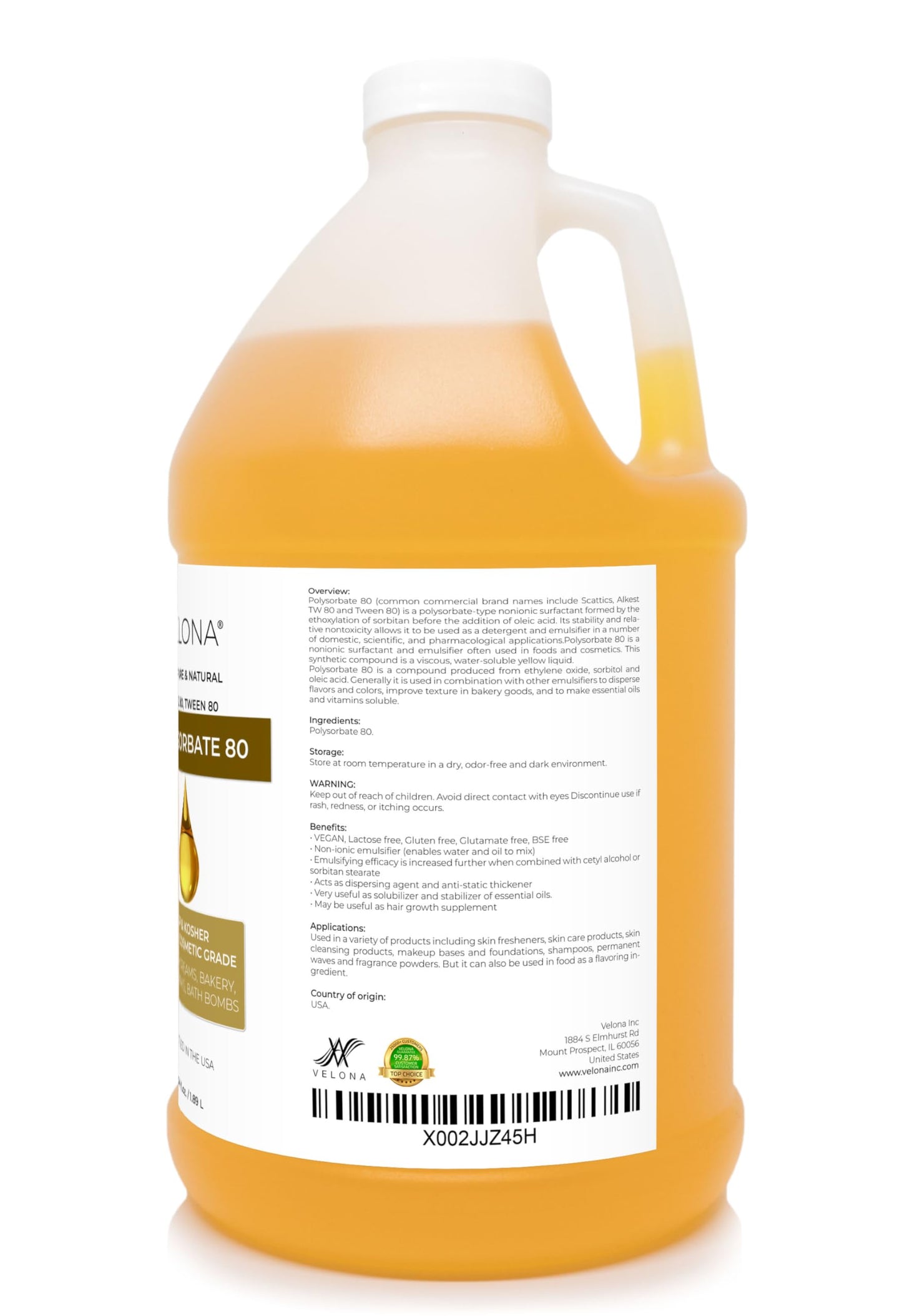 Polysorbate 80 by Velona - 64 Fl Oz | Solubilizer, Food & Cosmetic Grade | All Natural for Cooking, Skin Care and Bath Bombs, Sprays, Foam Maker | Use Today - Enjoy Results