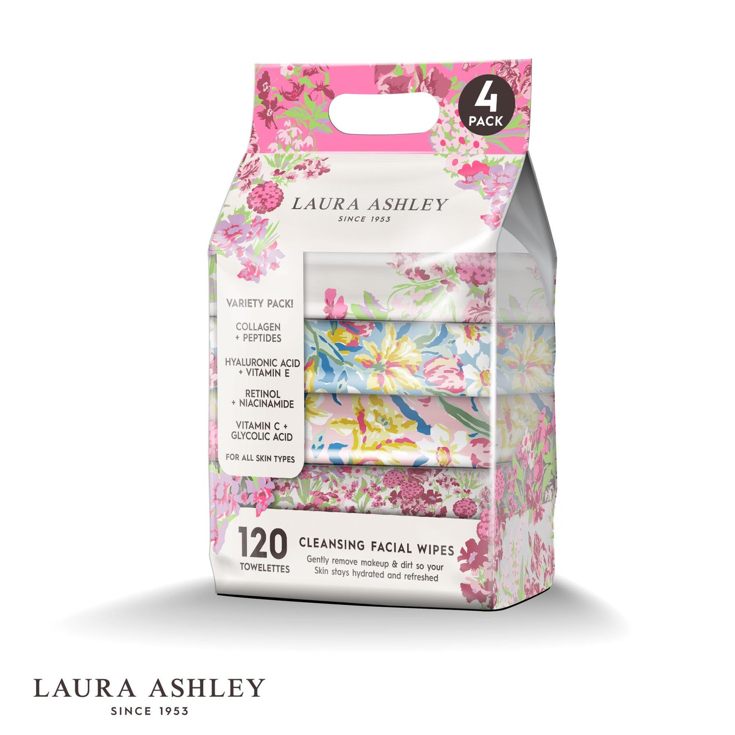 Laura Ashley 4 Pack Face Wipes for Women - Cleansing Makeup Remover Wipes with Vitamin C, Retinol, Hyaluronic Acid - 120 Pcs