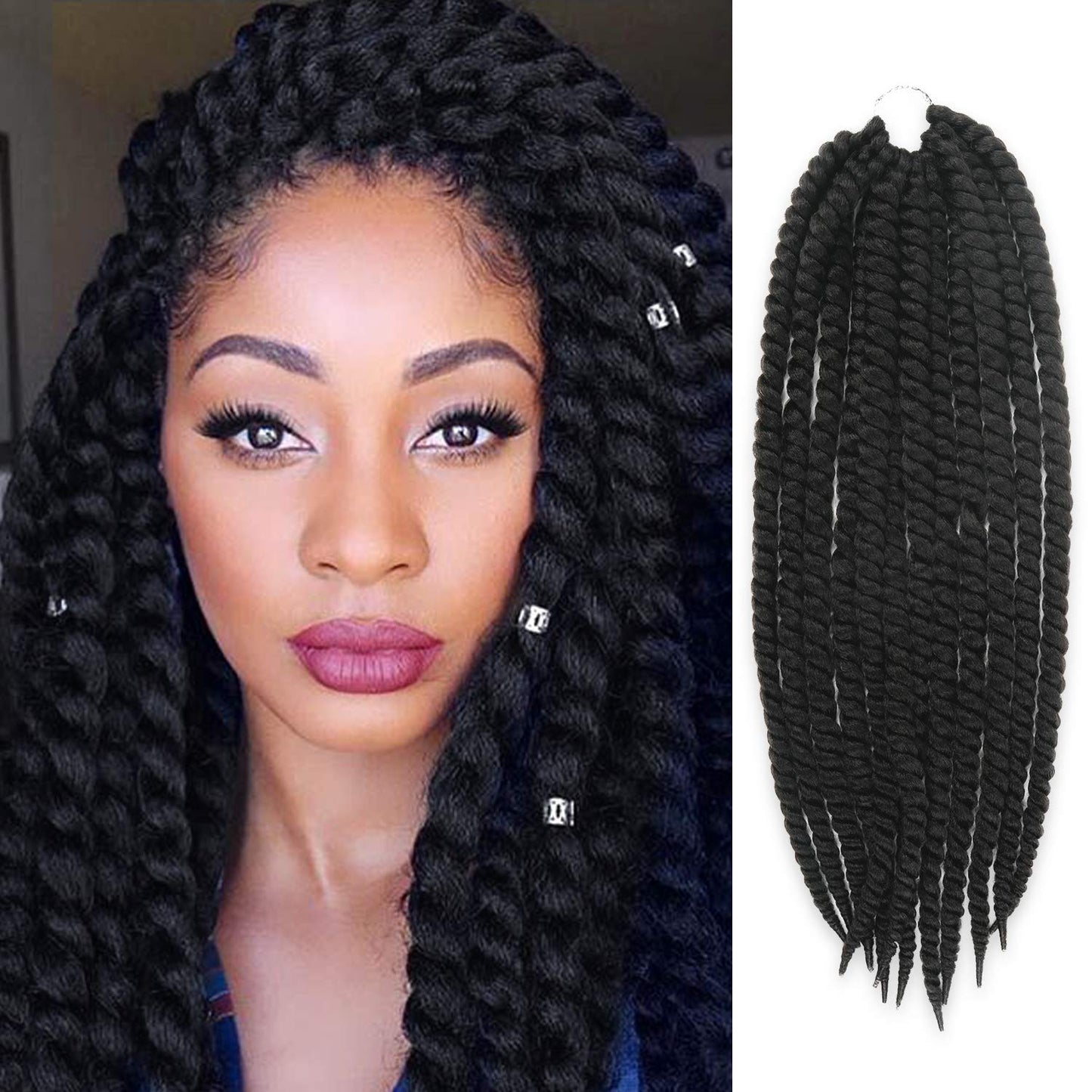 AU-THEN-TIC Jumbo Senegalese Twist Crochet Hair, 24 Inch, 6 Pack, Synthetic Extensions for Havana and Mambo Twist Styles, (1B, Off Black)
