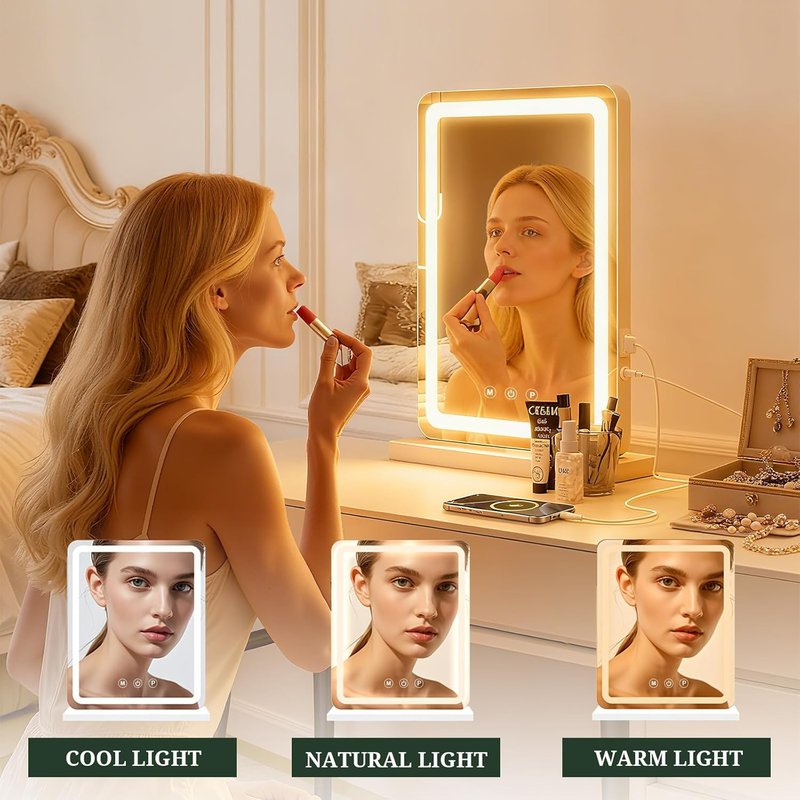 LED Makeup Mirror with Lights - 3-Color Dimmable Lighting, Smart Touch Control | Tabletop Vanity Mirror for Bedroom & Dressing Room