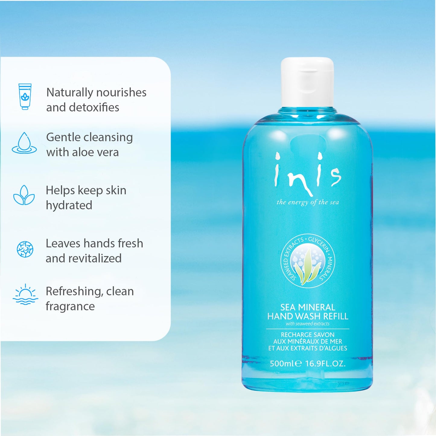 Inis the Energy of the Sea - Sea Mineral Hand Wash Refill for Women and Men, Large Liquid Hand Soap Refill with Seaweed Extract and Aloe Vera, Clean Ocean Fresh Scent, 16.9 fl oz