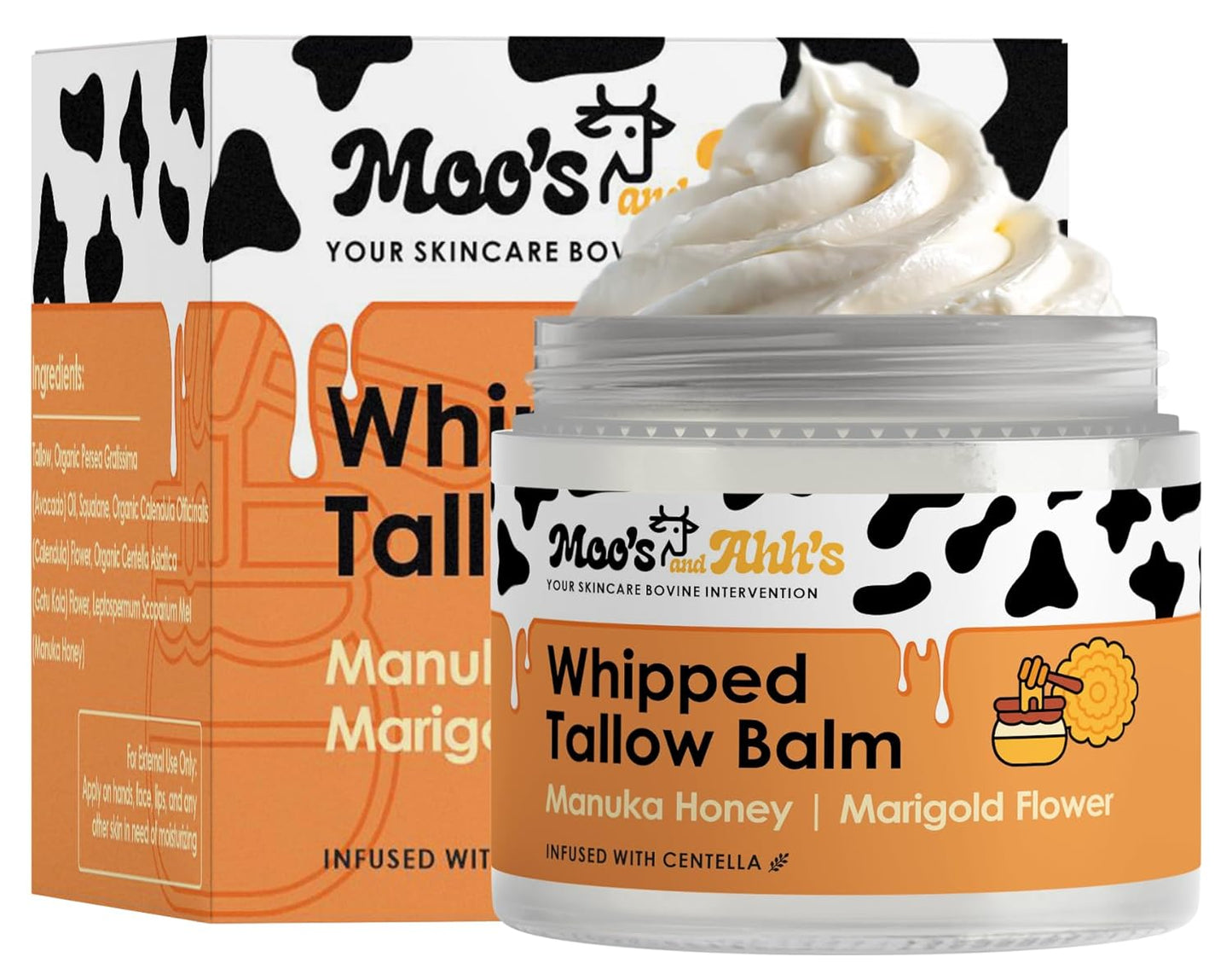 Whipped Tallow Balm - Grass-Fed Beef Tallow Moisturizer with Organic Centella & Olive Squalane | 2 Oz Manuka Honey & Marigold Flower