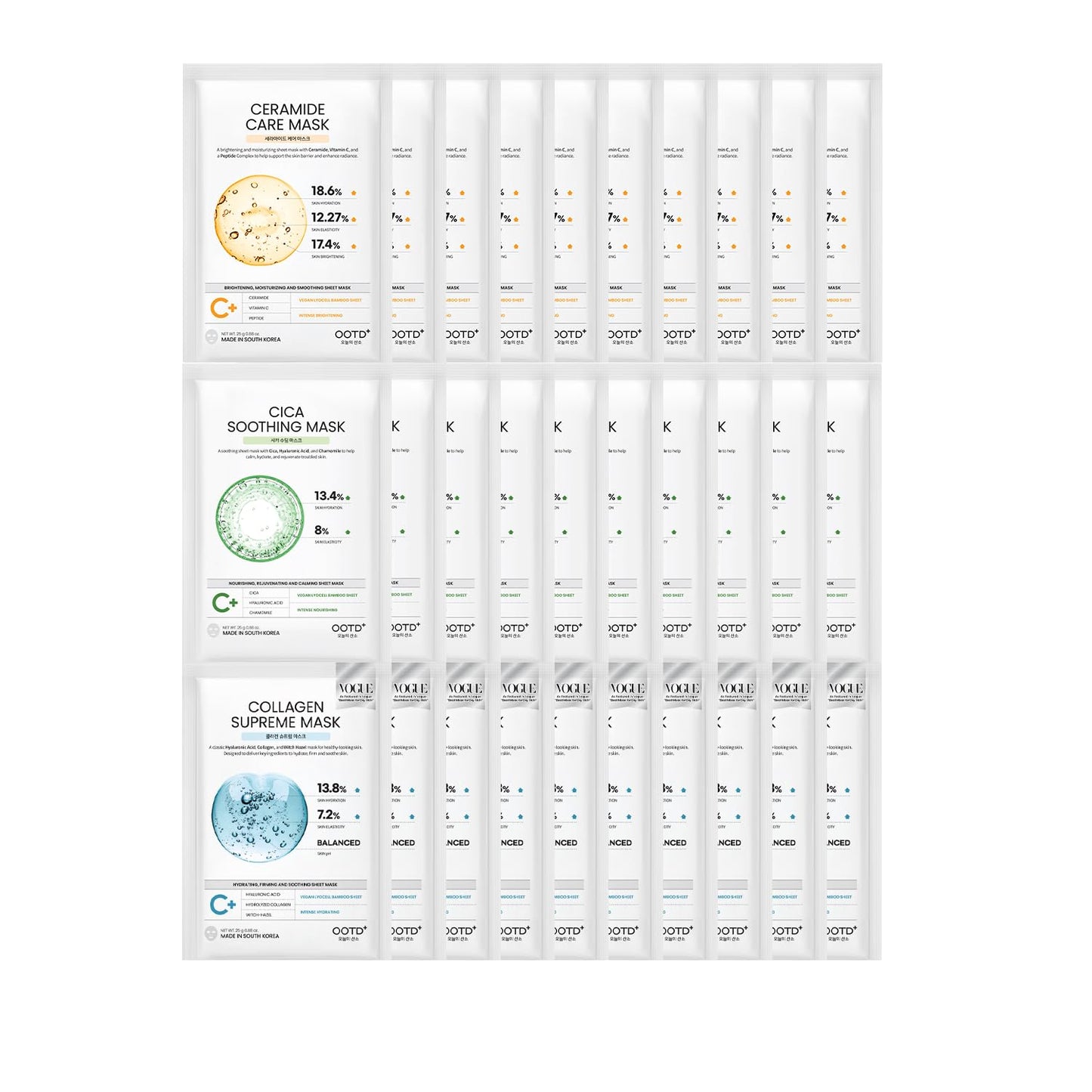 #OOTD Hydrating Soothing Sheet Masks Gift Set, Korean Vegan Facial Masks for Dry Sensitive Skin, Calming & Nourishing with Collagen, Ceramide, Cica (30-Count)