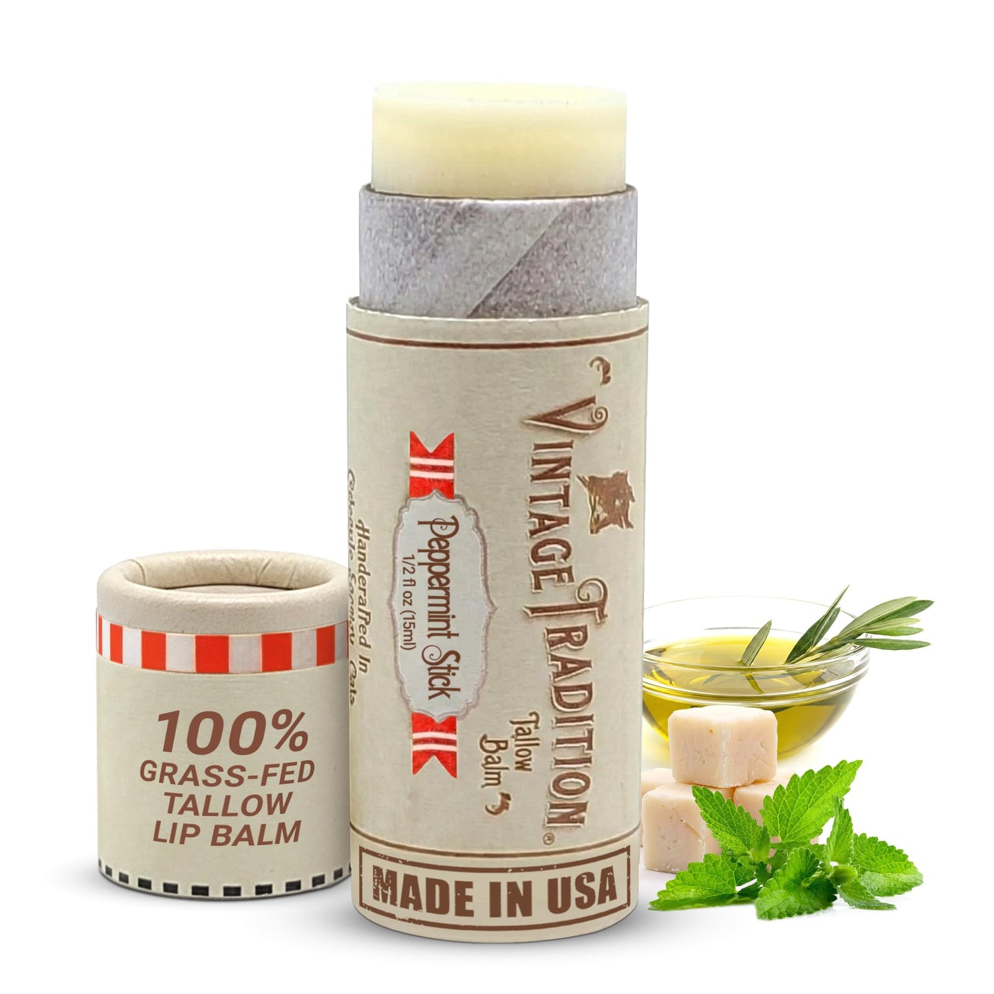 Vintage Tradition Moisturizing Beef Tallow Lip Balm – Tube Lip Moisturizer with Peppermint Essential Oil Hydrates & Soothes Dry Lips – Grass-Fed Tallow Balm for Skin Care, 0.5 Fl. Oz.