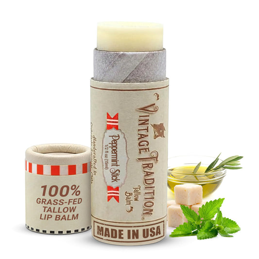Vintage Tradition Moisturizing Beef Tallow Lip Balm – Tube Lip Moisturizer with Peppermint Essential Oil Hydrates & Soothes Dry Lips – Grass-Fed Tallow Balm for Skin Care, 0.5 Fl. Oz.