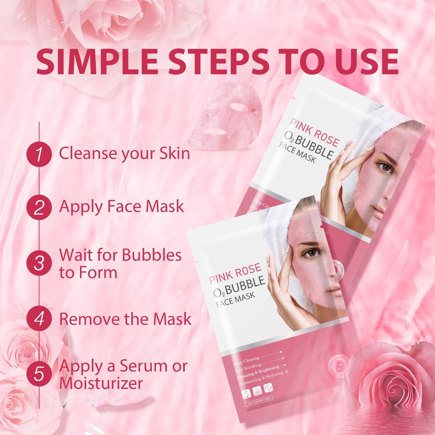IREV Pack of 10 Pink Rose O2 Bubble Face Masks Skincare, Spa Presents for Women, Bubble Face Sheet Mask Cleaner Foaming Purifying Facial Mask for Acne and Pores Moisturizing Beauty Sheet Masks