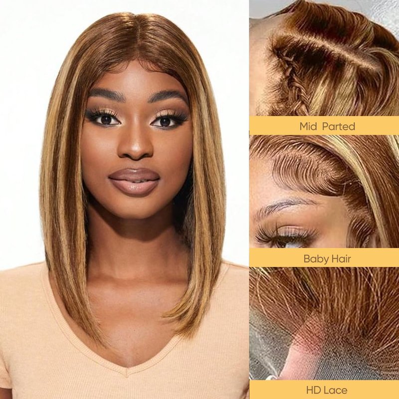 Highlight Ombre Lace Front Wig - 10 Inch Human Hair Bob Wig for Black Women | 150% Density, 13x4 Transparent Lace