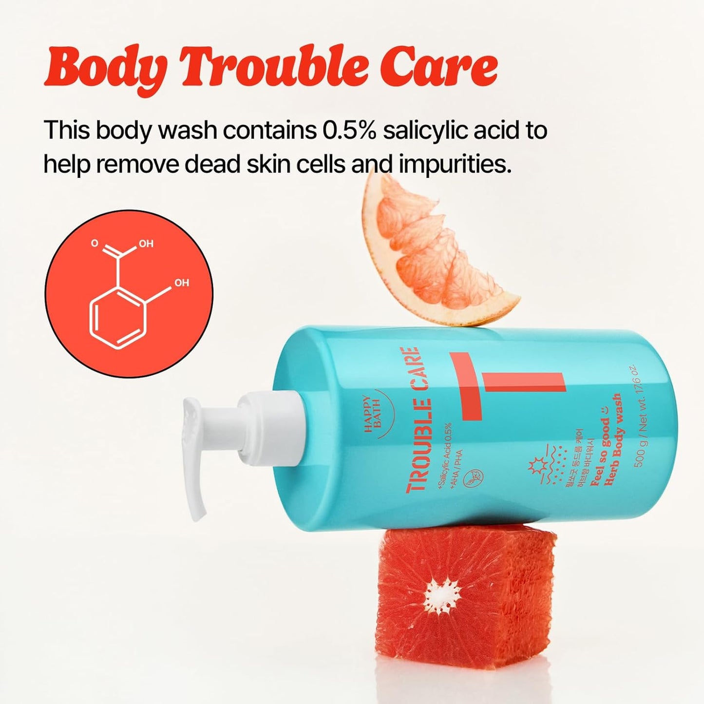 Herbal Grapefruit Body Wash for Acne-Prone Skin - Mild Exfoliating Cleanser with Salicylic Acid & AHA | 17.6 fl oz
